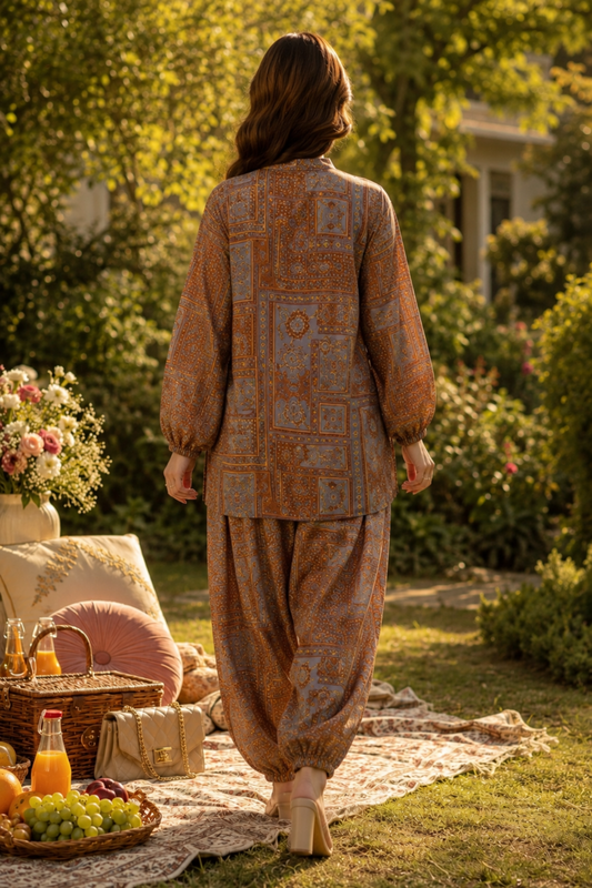Vintage Mosaic Co-Ord Set – Tassel Neckline Pret – Side View | QURBAT