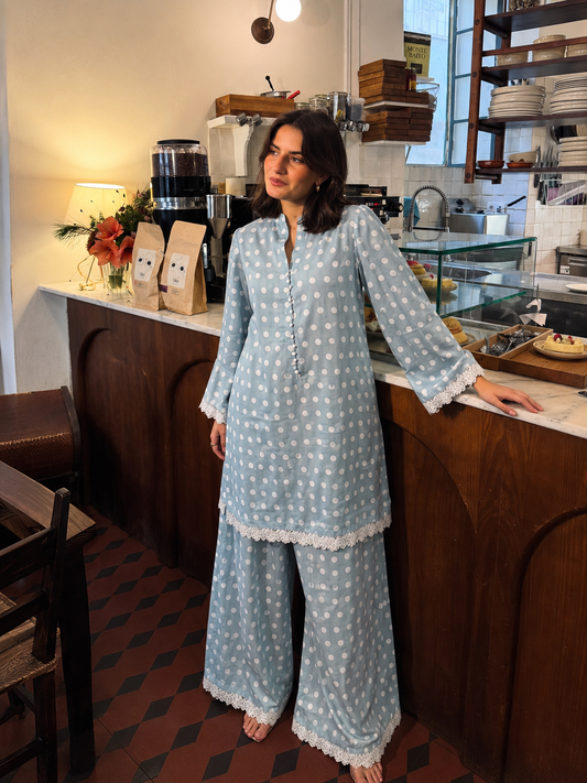 Polka Whisper sky blue polka dot lawn co-ord set – front view | QURBAT