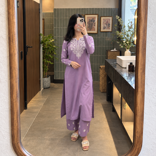 Lavender Bloom 2-piece cotton embroidered set