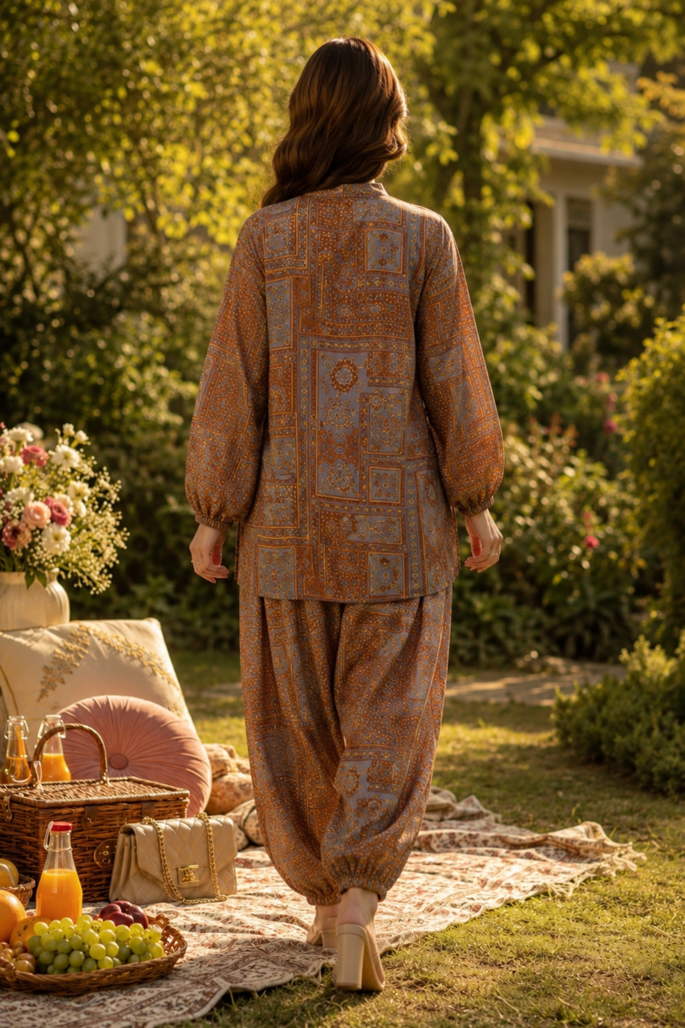 Vintage Mosaic Co-Ord Set – Tassel Neckline Pret – Side View | QURBAT