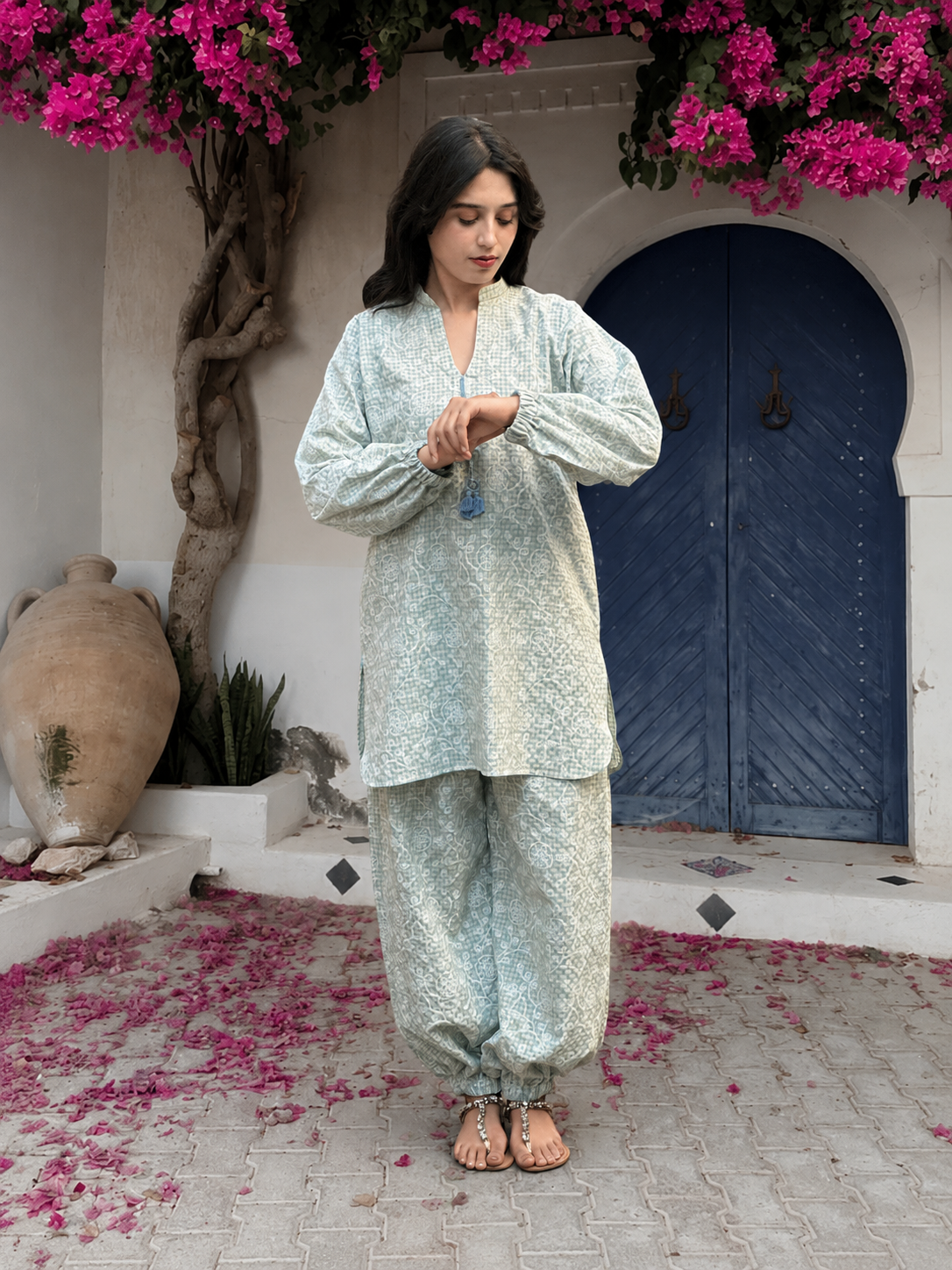 Bloom Mist Balloon Pant Set – Premium Lawn Co-Ord – Front View | QURBAT