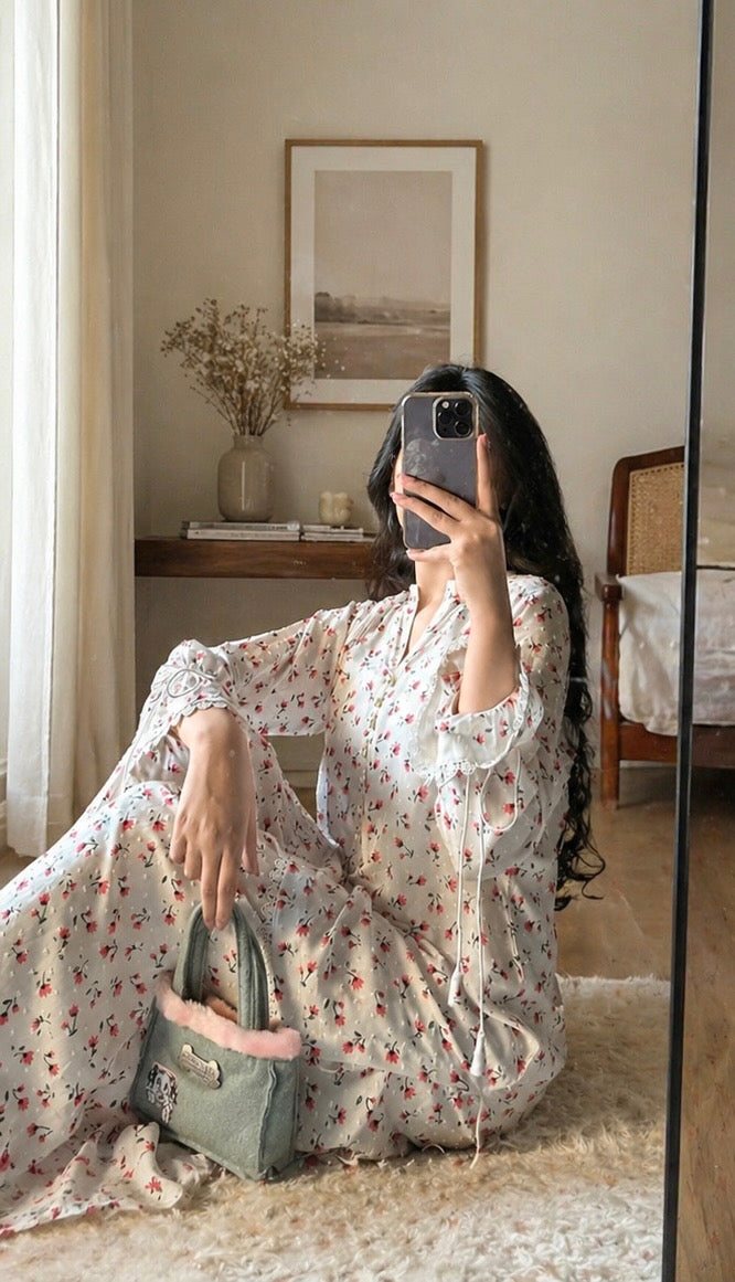 Floral Farshi Set – Swiss Dot Lawn Farshi Shalwar – Front View | QURBAT