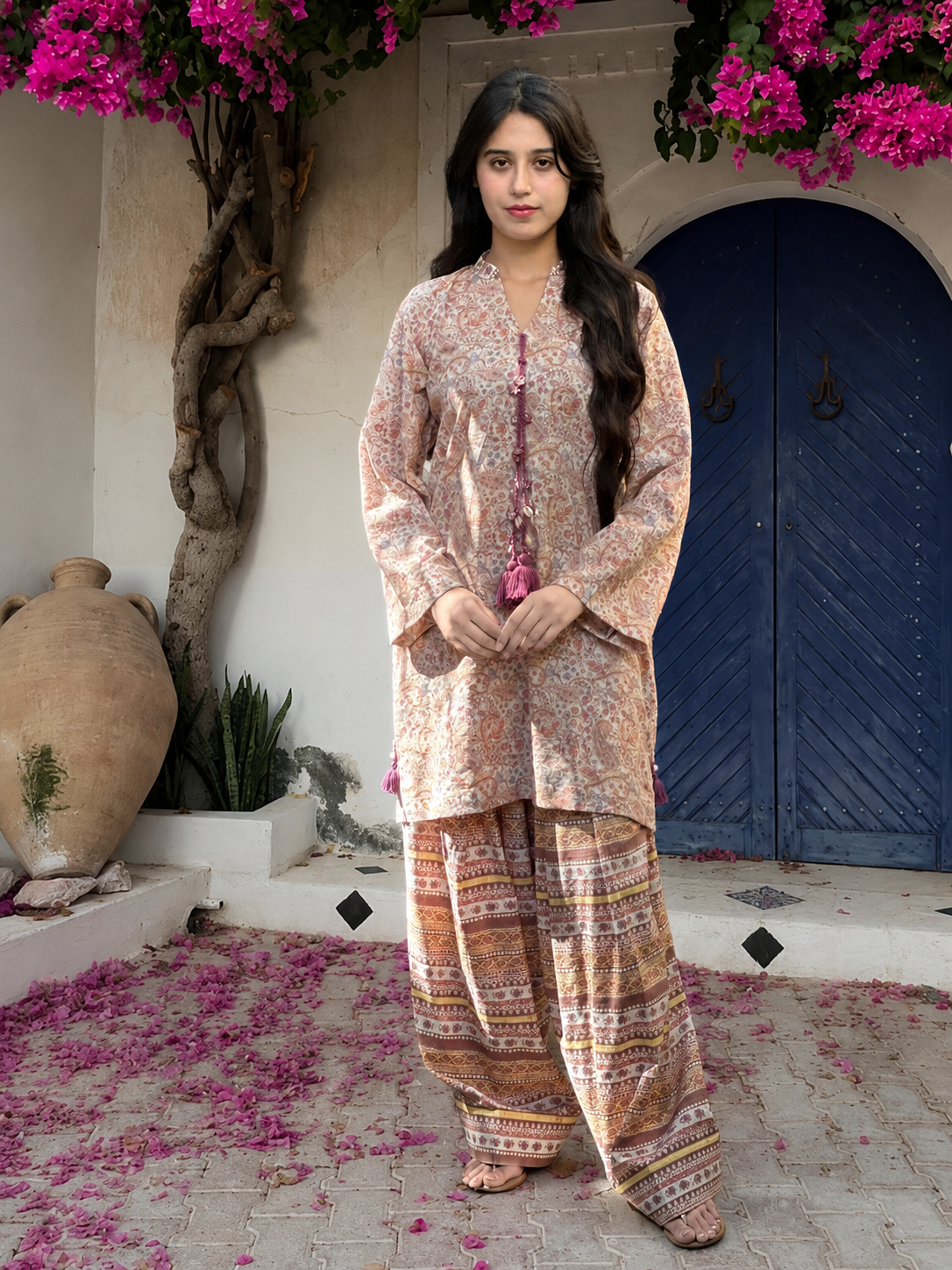 Nakhre Farshi Shalwar Set – Printed Lawn Co-Ord – Front View | QURBAT