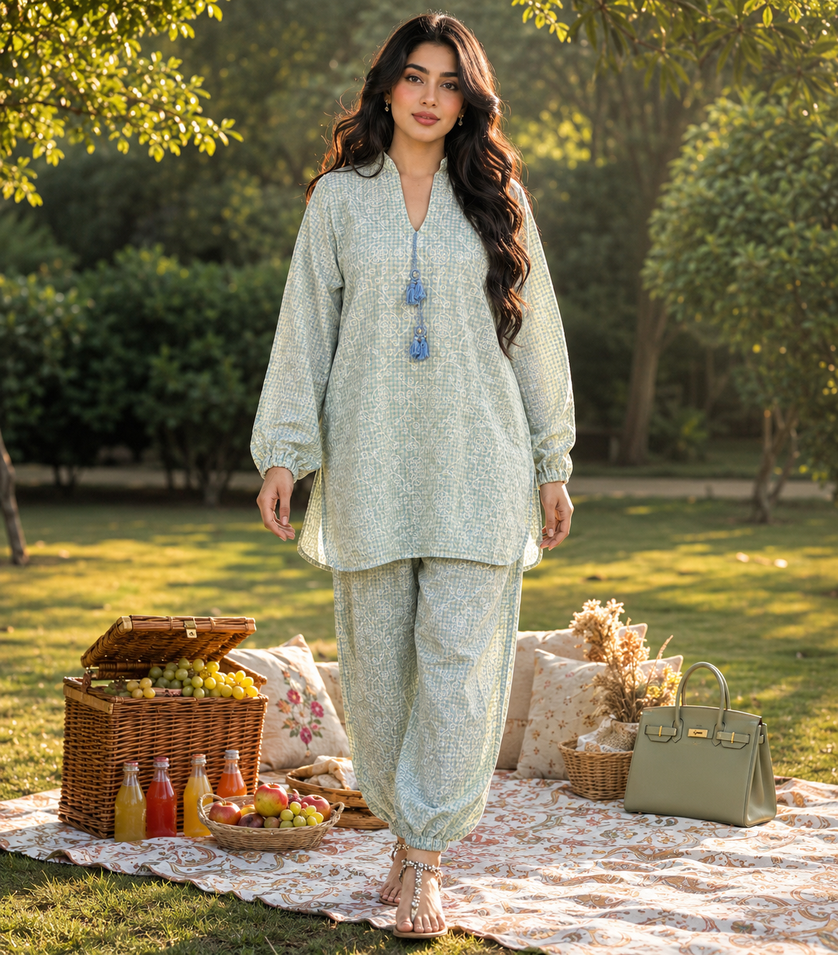 Bloom Mist Balloon Pant Set – balloon sleeve lawn co-ord – front view | QURBAT