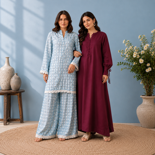 Berry Wine + Polka Whisper Bundle – 2 Stitched Co-Ord Sets