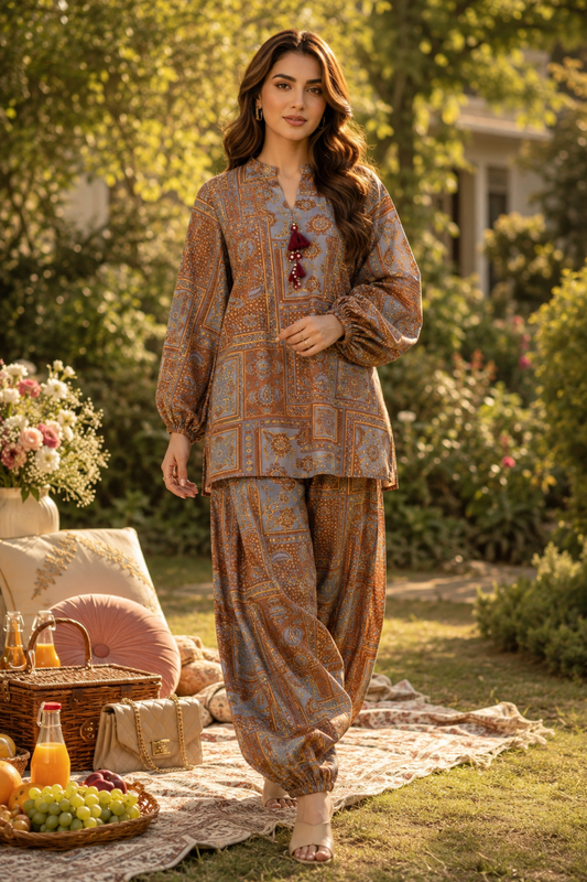 Vintage Mosaic Co-Ord Set – Balloon Sleeve Lawn Suit – Front View | QURBAT
