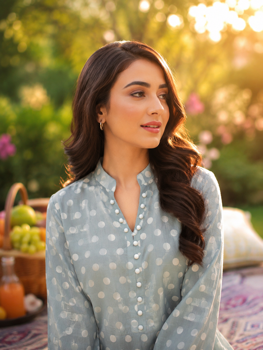 Polka Whisper Co-Ord Set – Sky Blue Polka Dot Lawn – Front View | QURBAT