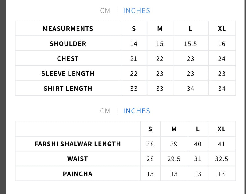 Floral Farshi Set Size Chart