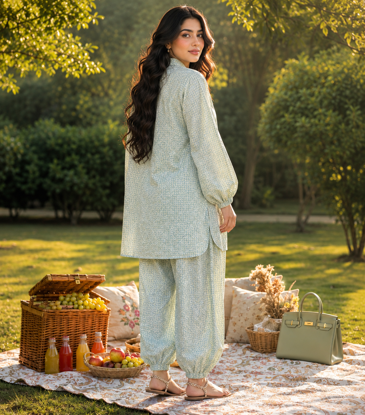 Bloom Mist Balloon Pant Set – tassel neckline lawn shirt – side view | QURBAT