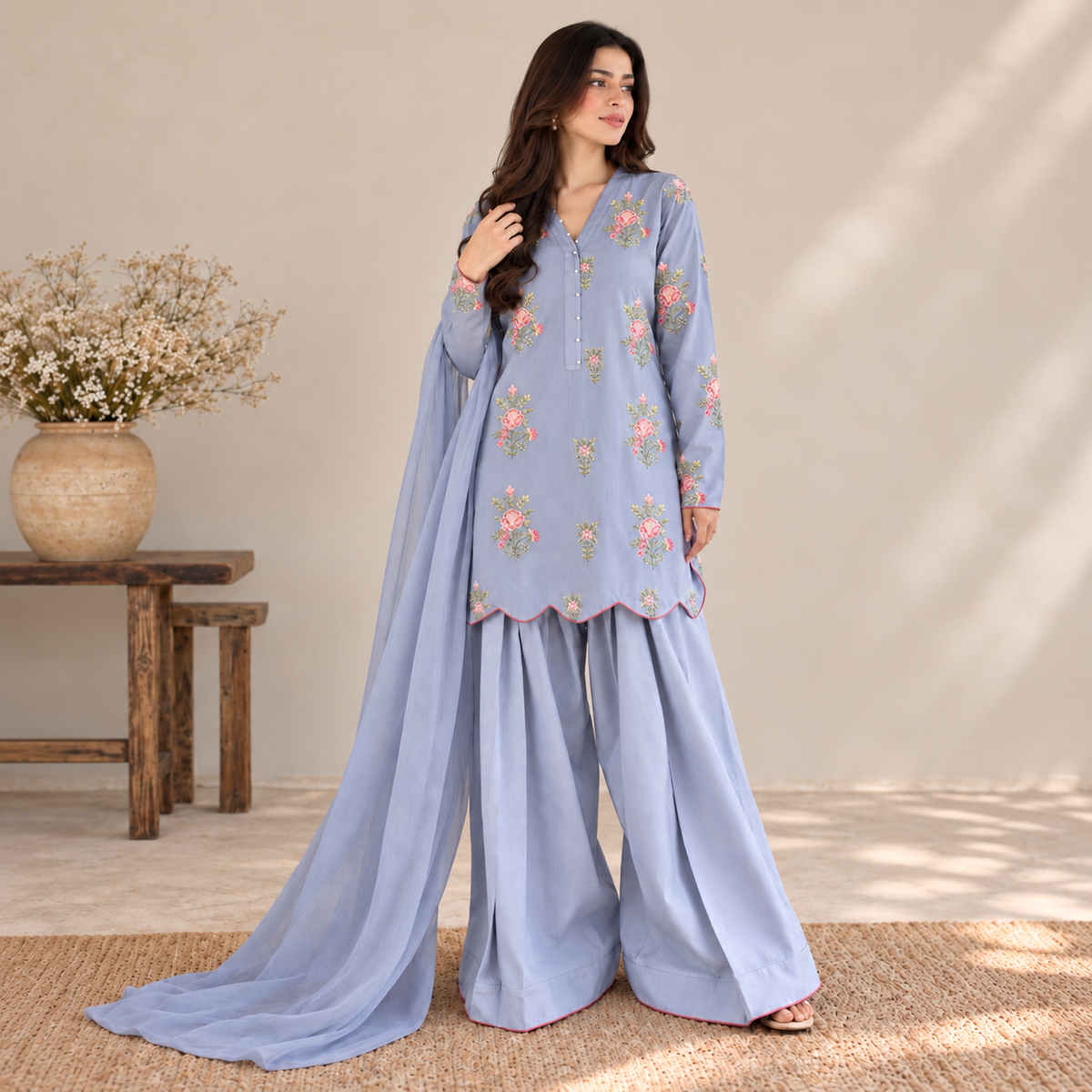 Rose Mist 3-piece embroidered set in pastel blue